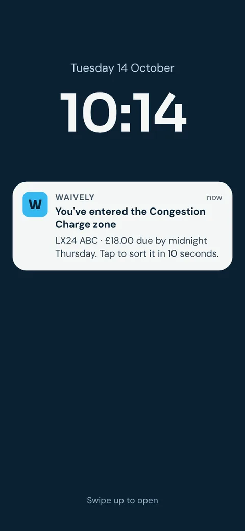 Lock-screen alert: you have entered the Congestion Charge zone, £18 due